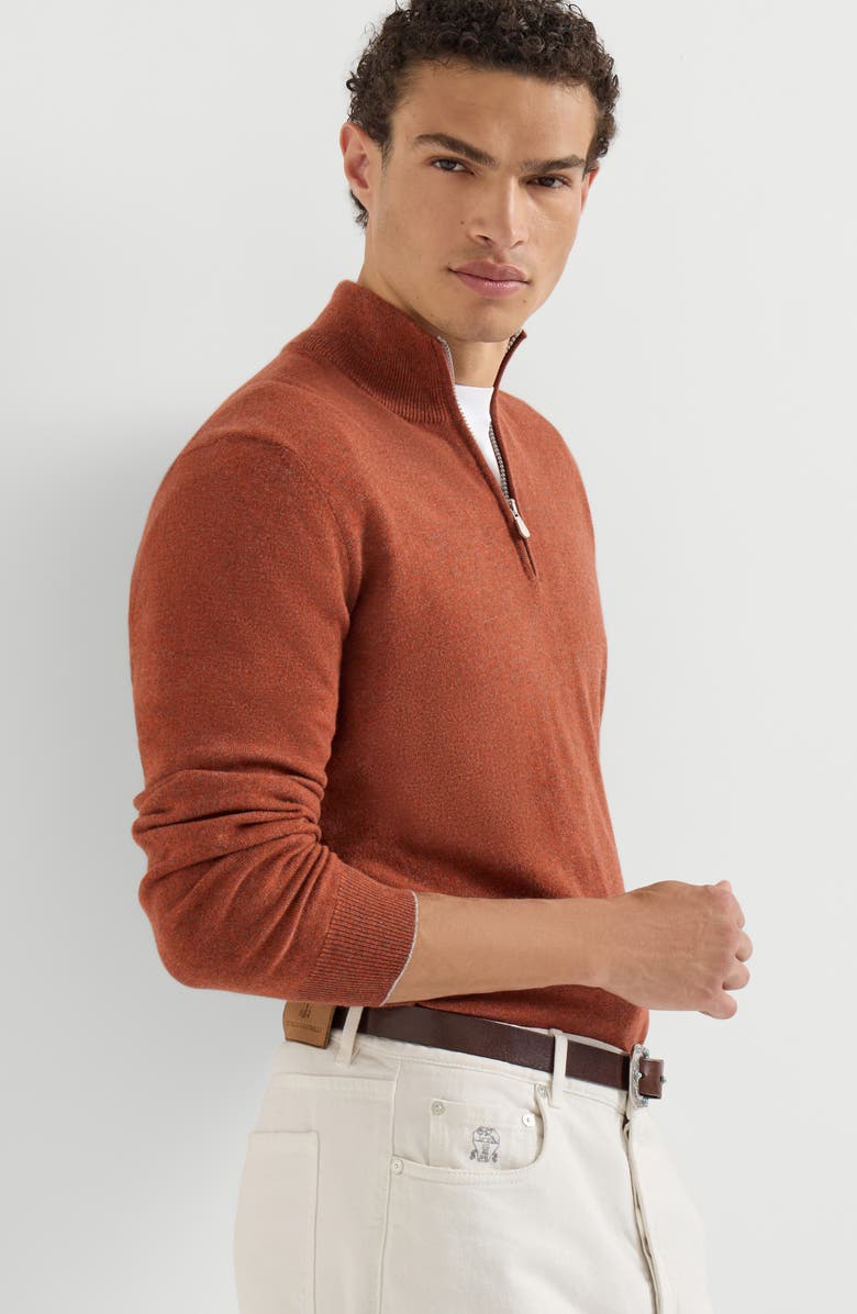 Brunello Cucinelli Mouliné cashmere sweater with half zip, Alternate, color, Grey