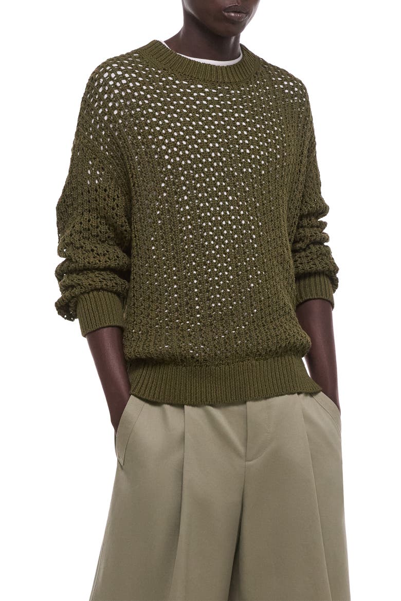 Open Stitch Organic Cotton Blend Crewneck Sweater, Alternate, color, OLIVE