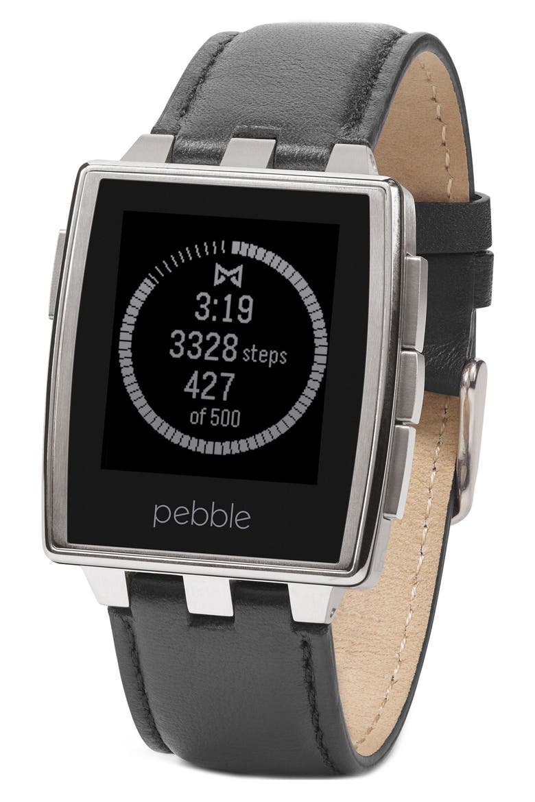 Rectangular Leather Strap Smart Watch, 43mm, Alternate, color, SILVER/ BLACK