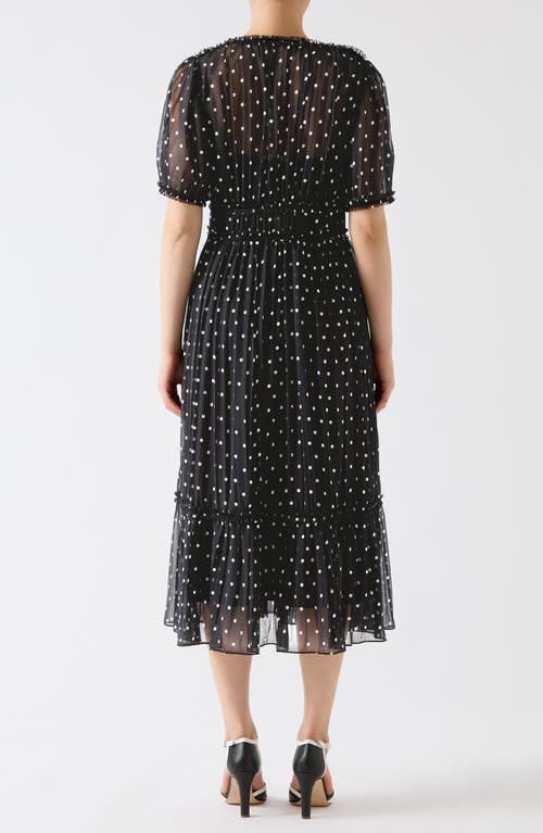 Lk Bennett Gigi Polka Dot Short Sleeve Pleated Chiffon Midi Dress In Black