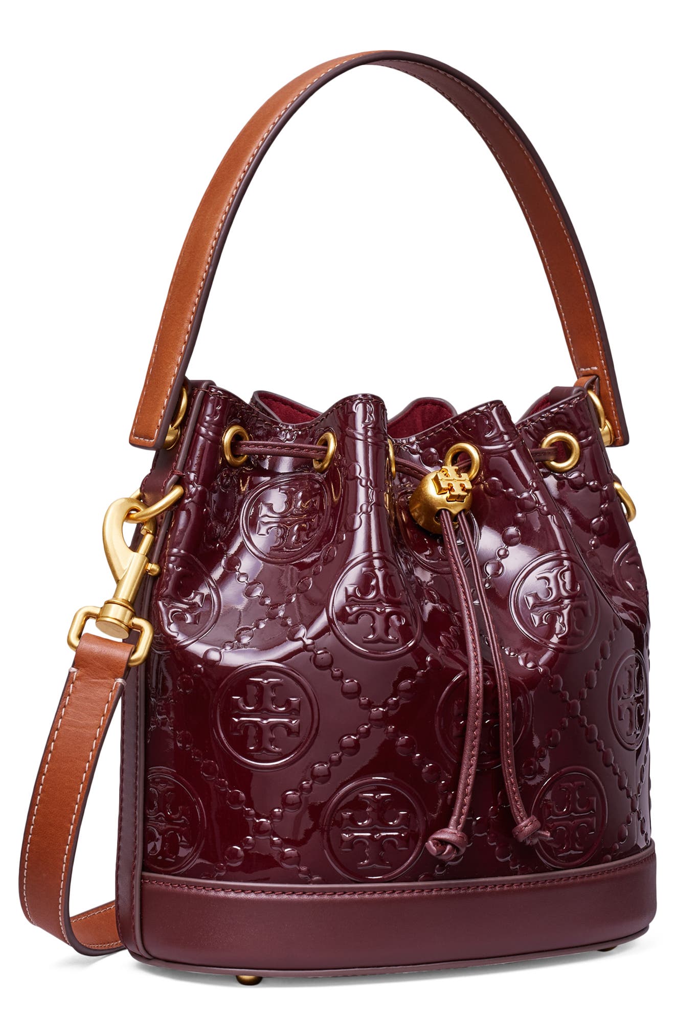 Tory Burch T Monogram Patent Leather Bucket Bag, Alternate, color, 