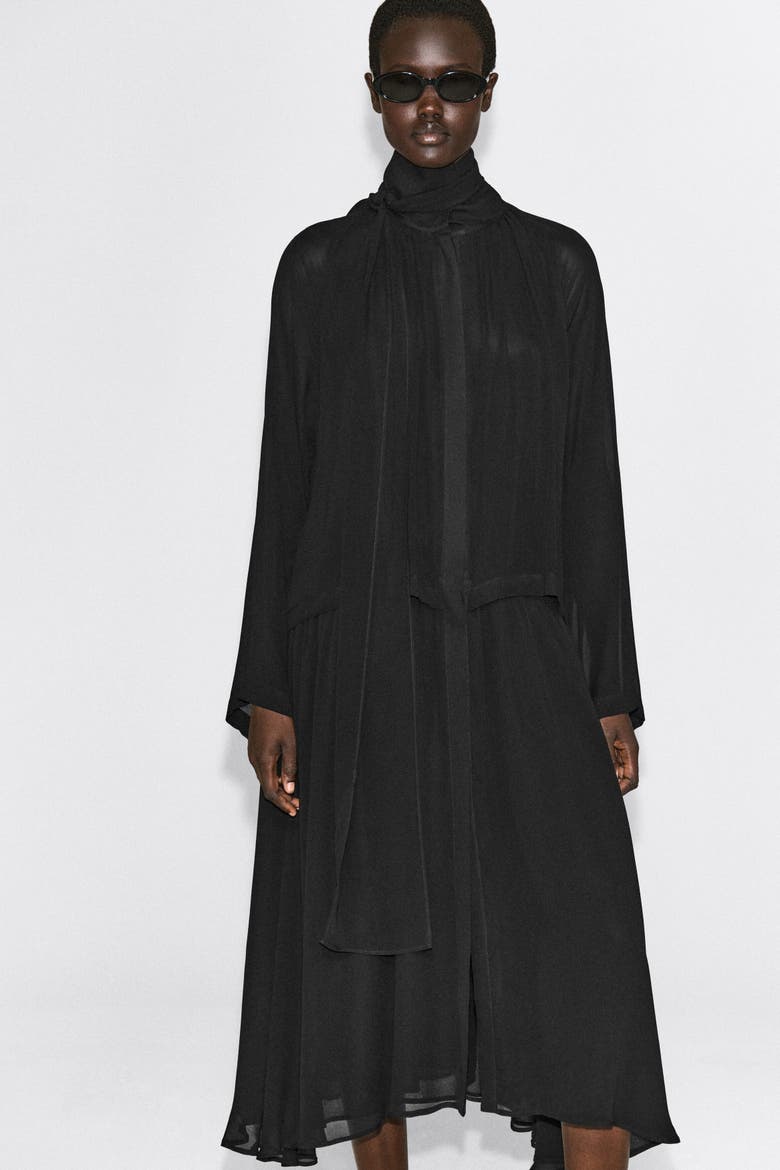 Fluid Scarf-detail Midi Dress, Alternate, color, BLACK