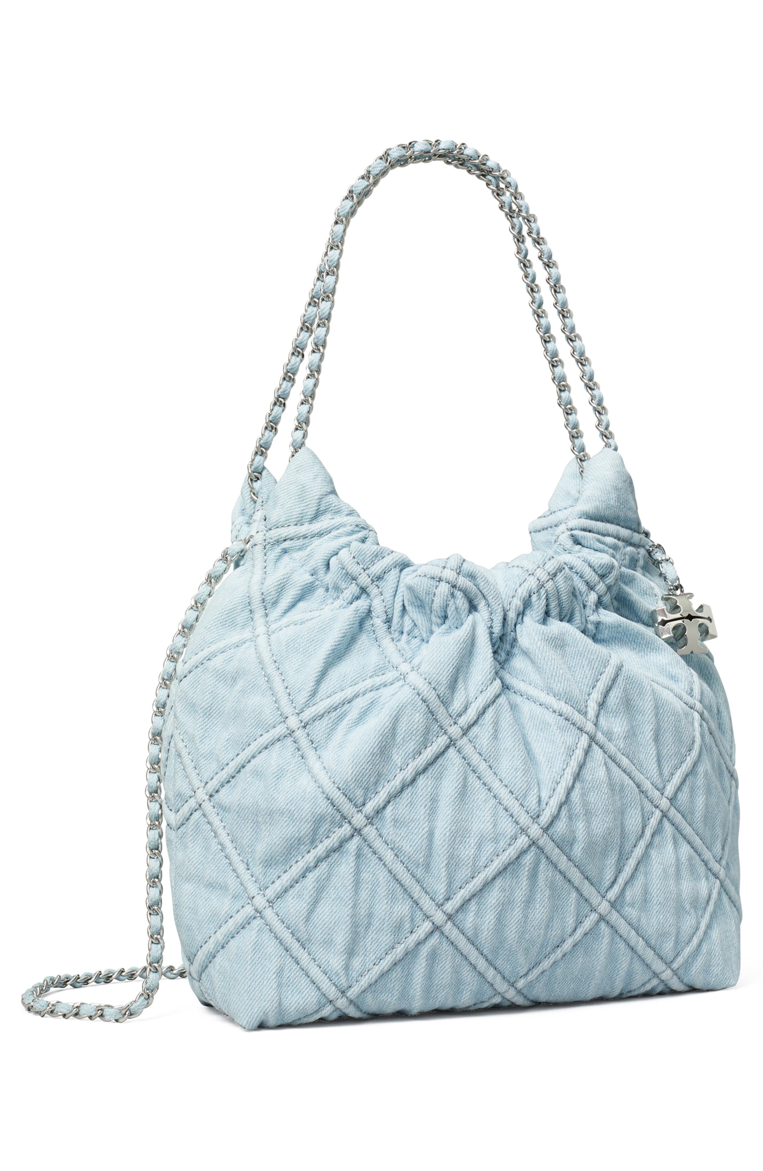 Tory Burch Fleming Quilted Denim Hobo Bag, Alternate, color, Seltzer
