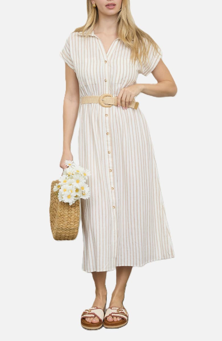 ZOE AND CLAIRE Stripe Belted Shirtdress, Alternate, color, Light Khaki