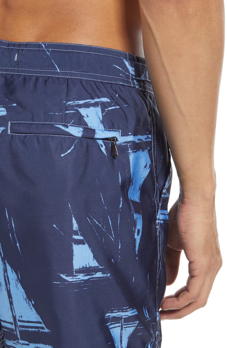 PRINCE & BOND Sail Away Boat Print Hybrid Nylon Swim Trunks, Alternate, color, 