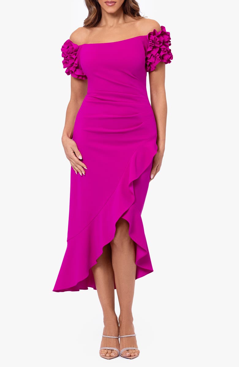 Xscape Evenings Ruffle Off the Shoulder Midi Cocktail Dress, Main, color, New Fuchsia
