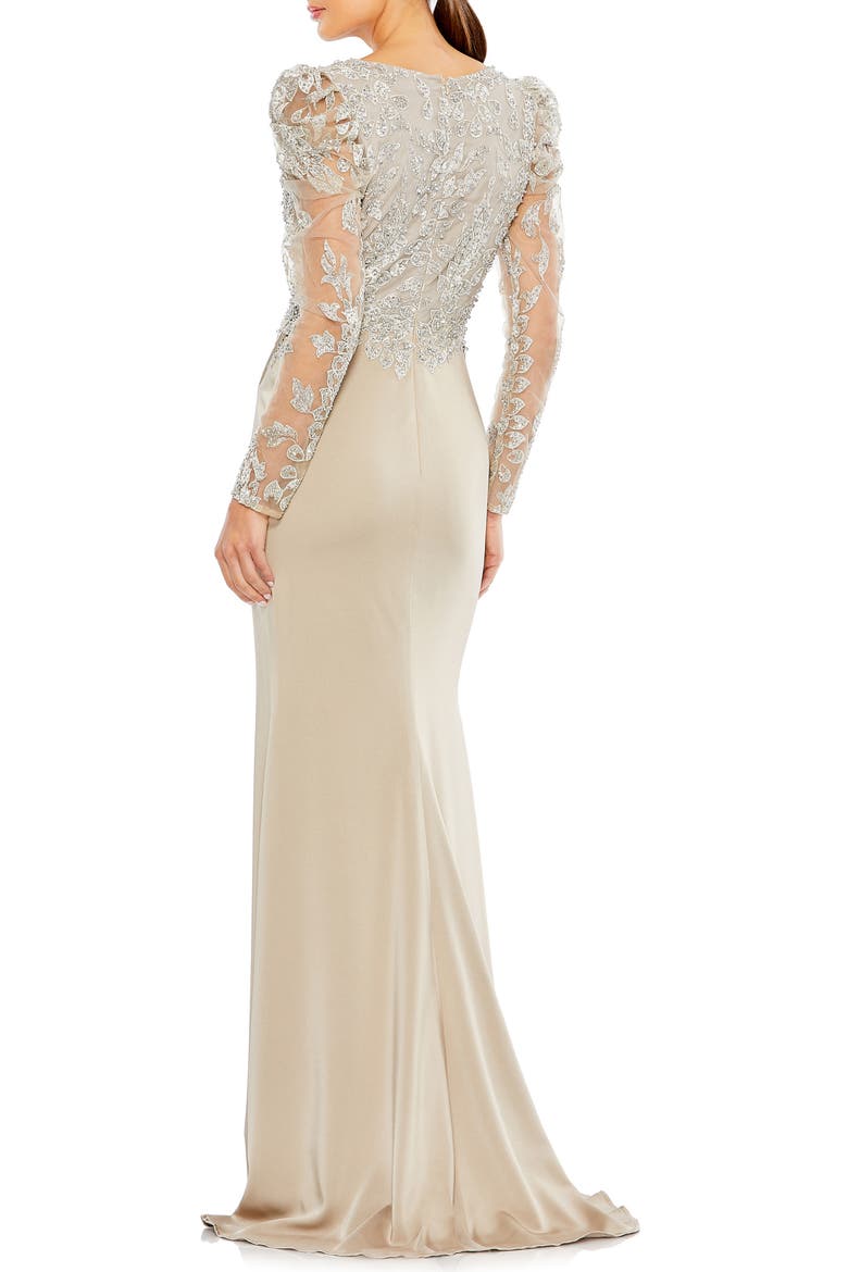 Embellished Faux Wrap Illusion Puff Sleeve Gown, Alternate, color, TAUPE