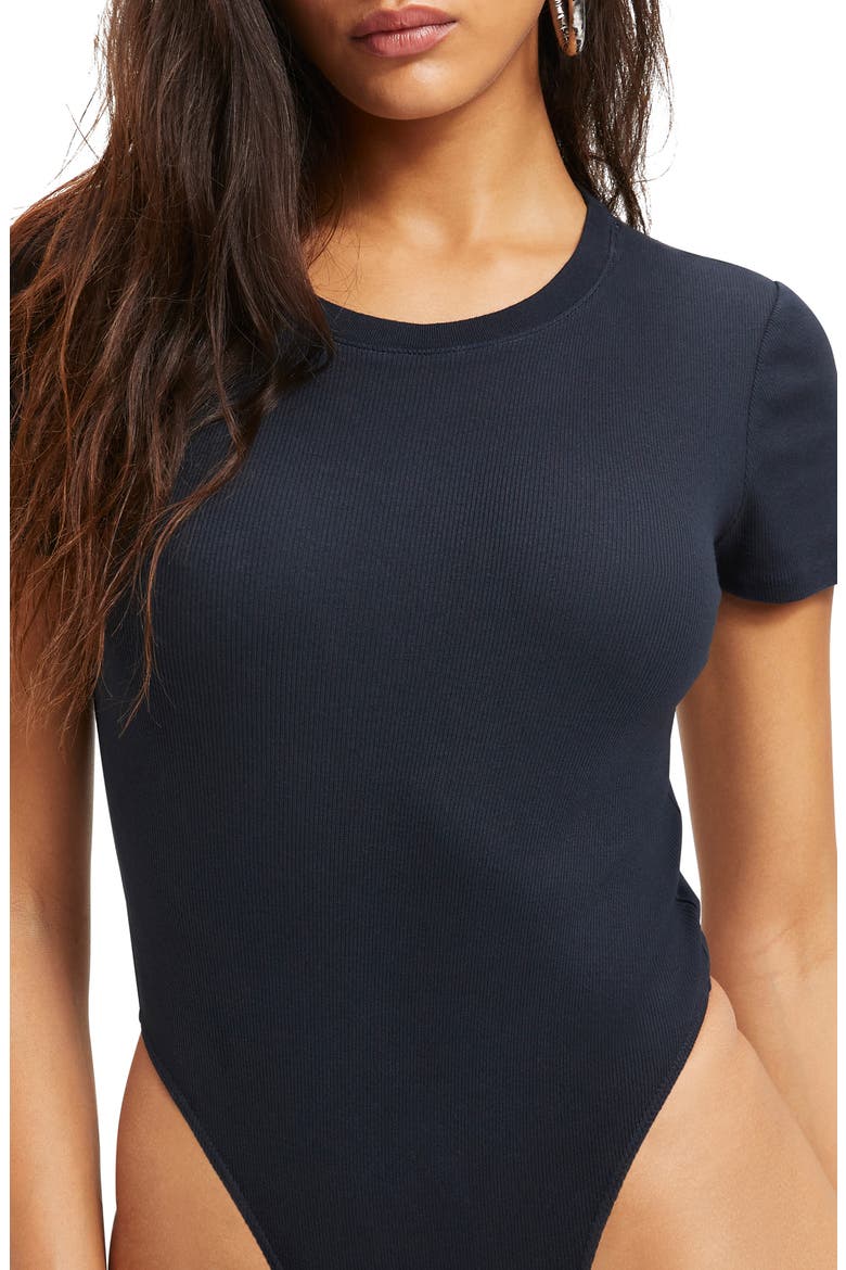 Fitted Organic Cotton Blend Rib T-Shirt Bodysuit, Alternate, color, BLACK