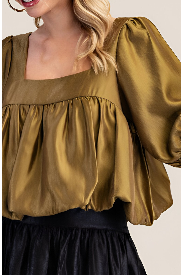 Gathered Bubble Hem Puff Sleeve Square Neck Top, Alternate, color, Olive
