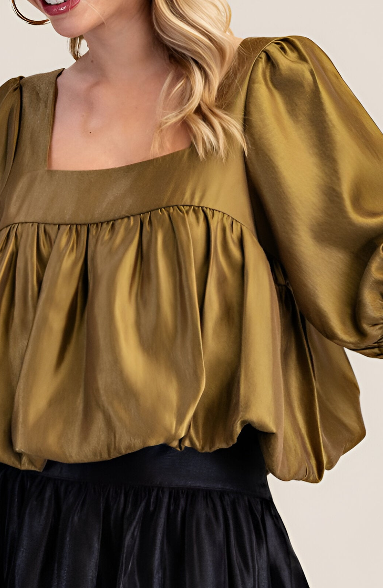 Modenaire Gathered Bubble Hem Puff Sleeve Square Neck Top, Alternate, color, Olive