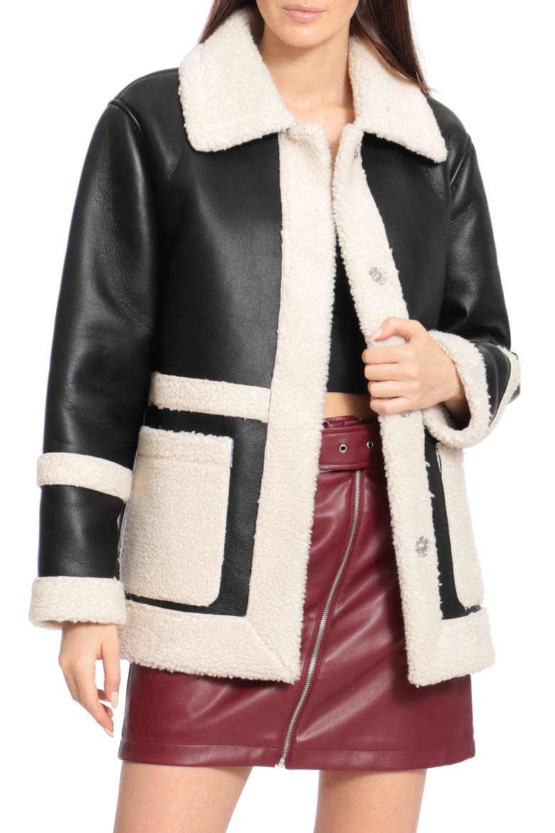 Faux Leather Snap Coat with Faux Shearling Trim, Main, color, BLACK/ CREAM