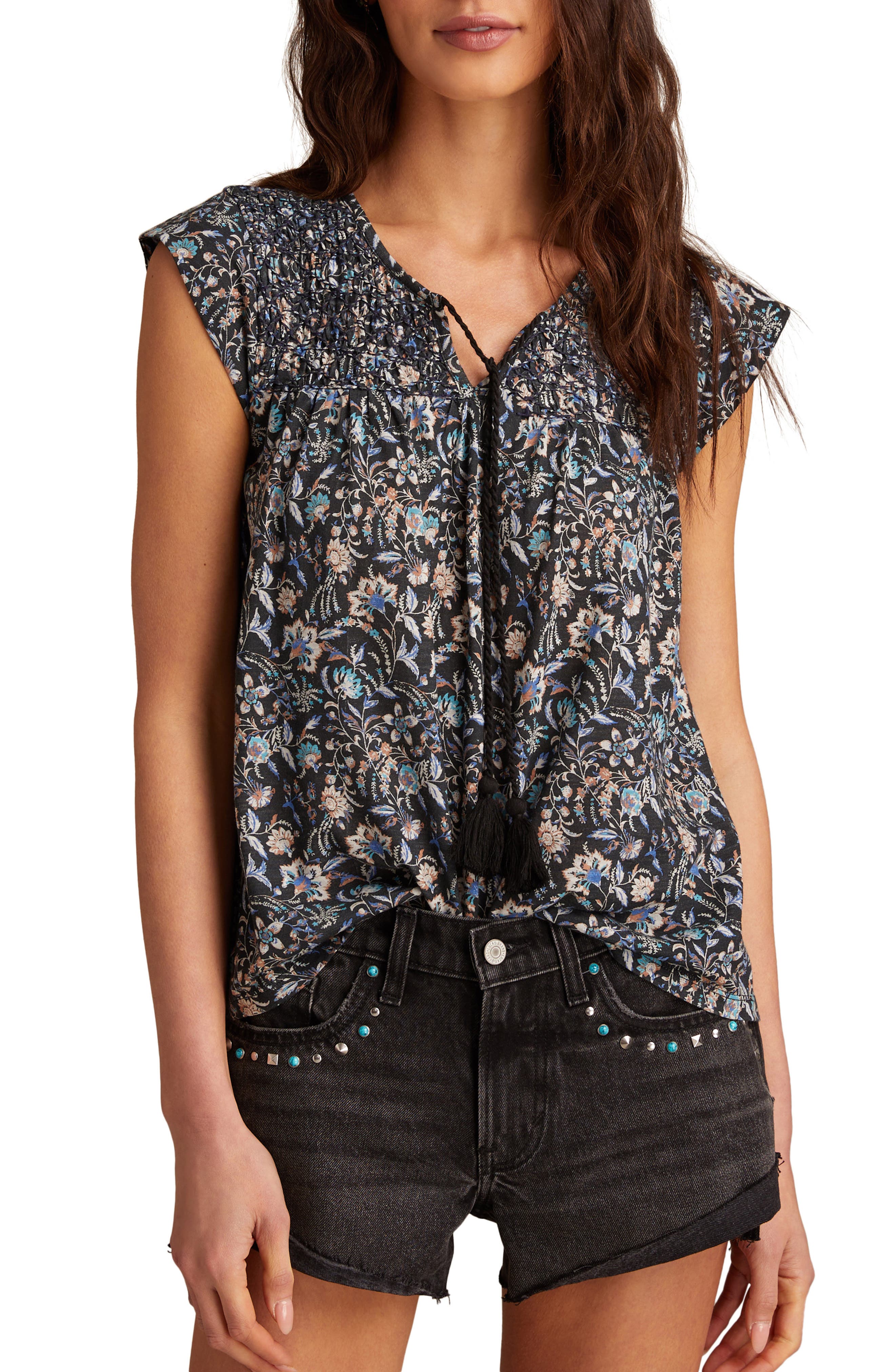 Lucky Brand Floral Cap Sleeve Split Neck Top