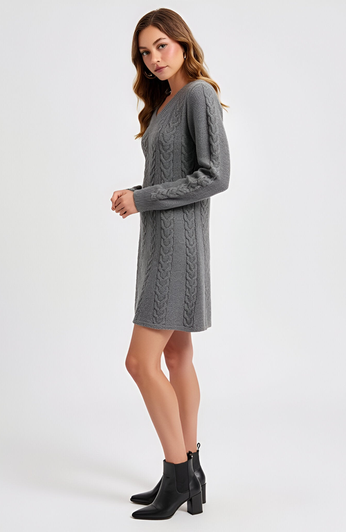 Modenaire Cable Knit V-neck Long-sleeve Sweater Dress In Gray