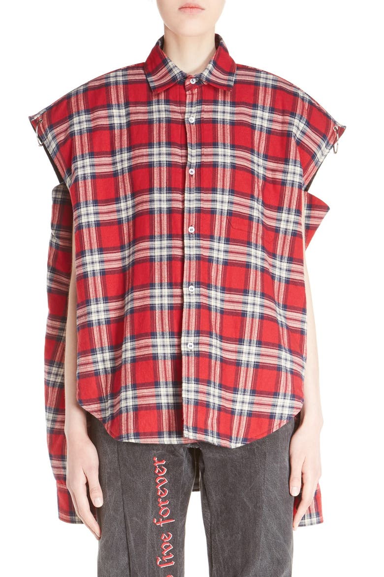 Pierced Plaid Flannel Shirt, Alternate, color, RED CHECK