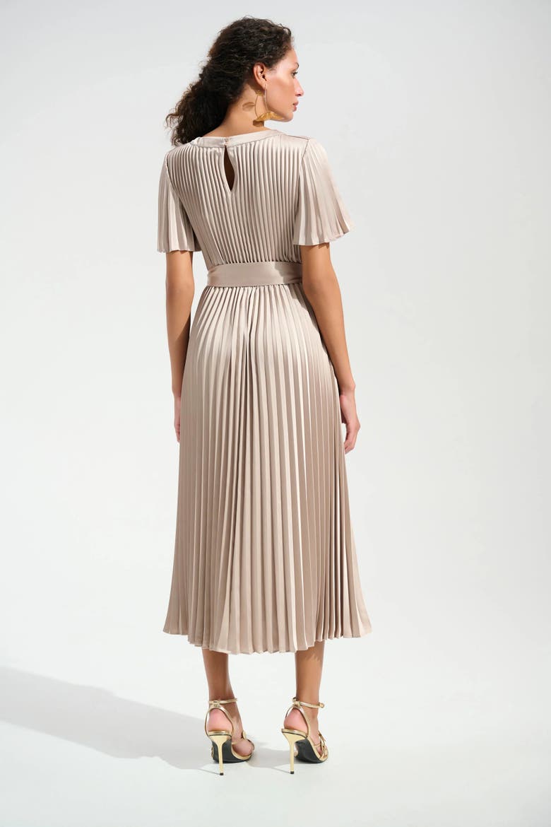 Signature | Pleated Satin Fit And Flare Dress With Sash Belt, Alternate, color, Sand
