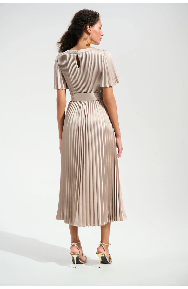 JOSEPH RIBKOFF Signature | Pleated Satin Fit And Flare Dress With Sash Belt, Alternate, color, Sand