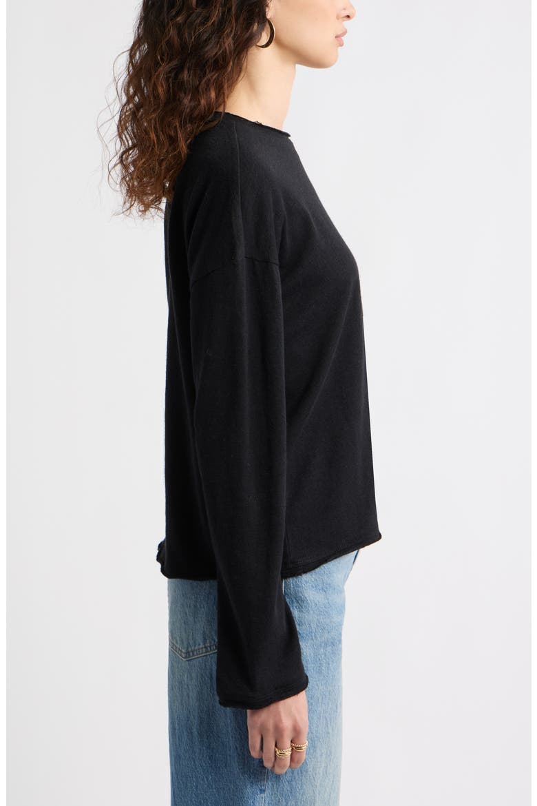 Roll Crewneck Boxy Long Sleeve Cotton Blend Top, Alternate, color, BLACK