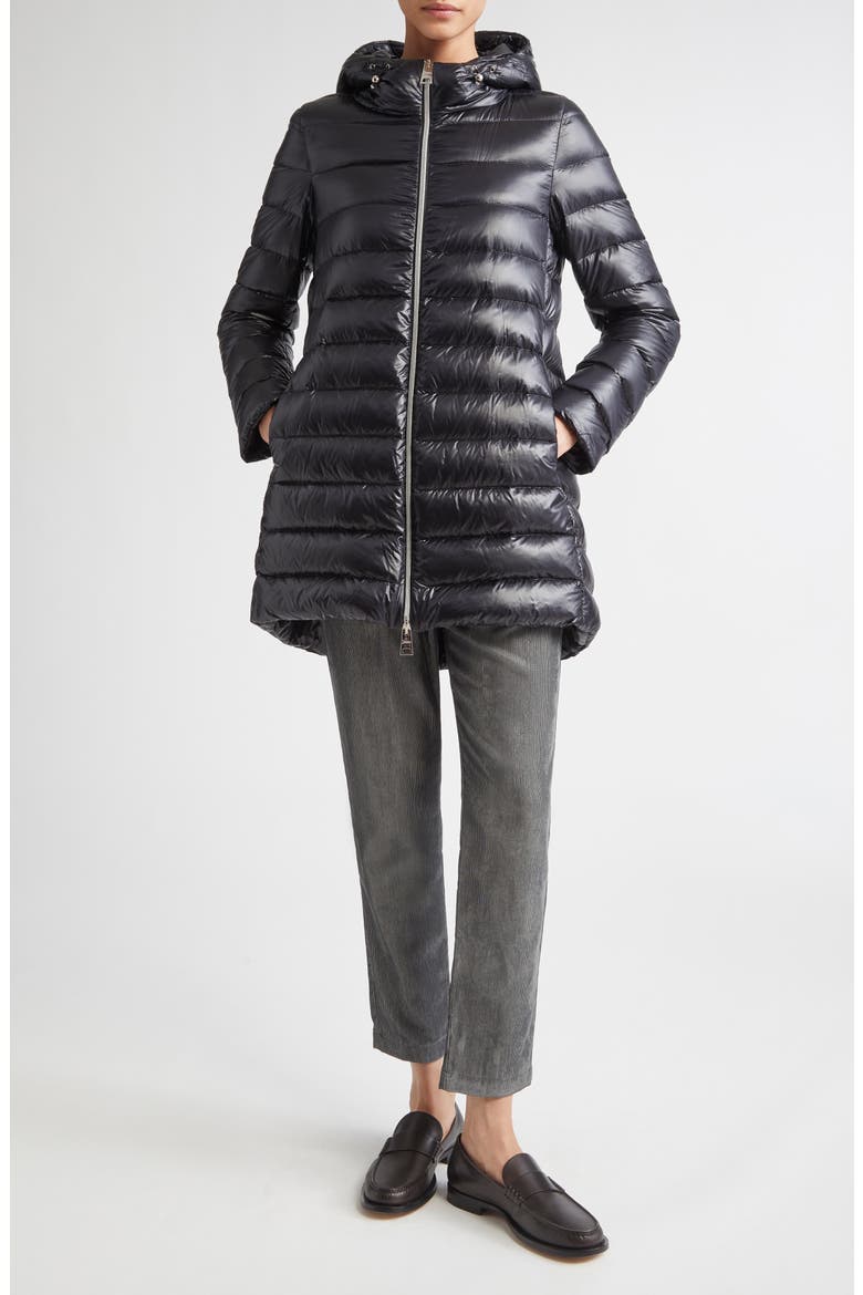 Shiny Nylon Hooded Down Puffer Jacket, Alternate, color, BLACK