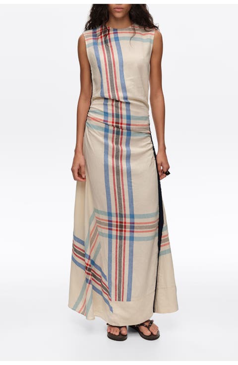 Linen Striped Sleeveless Dress With Overlay Strap