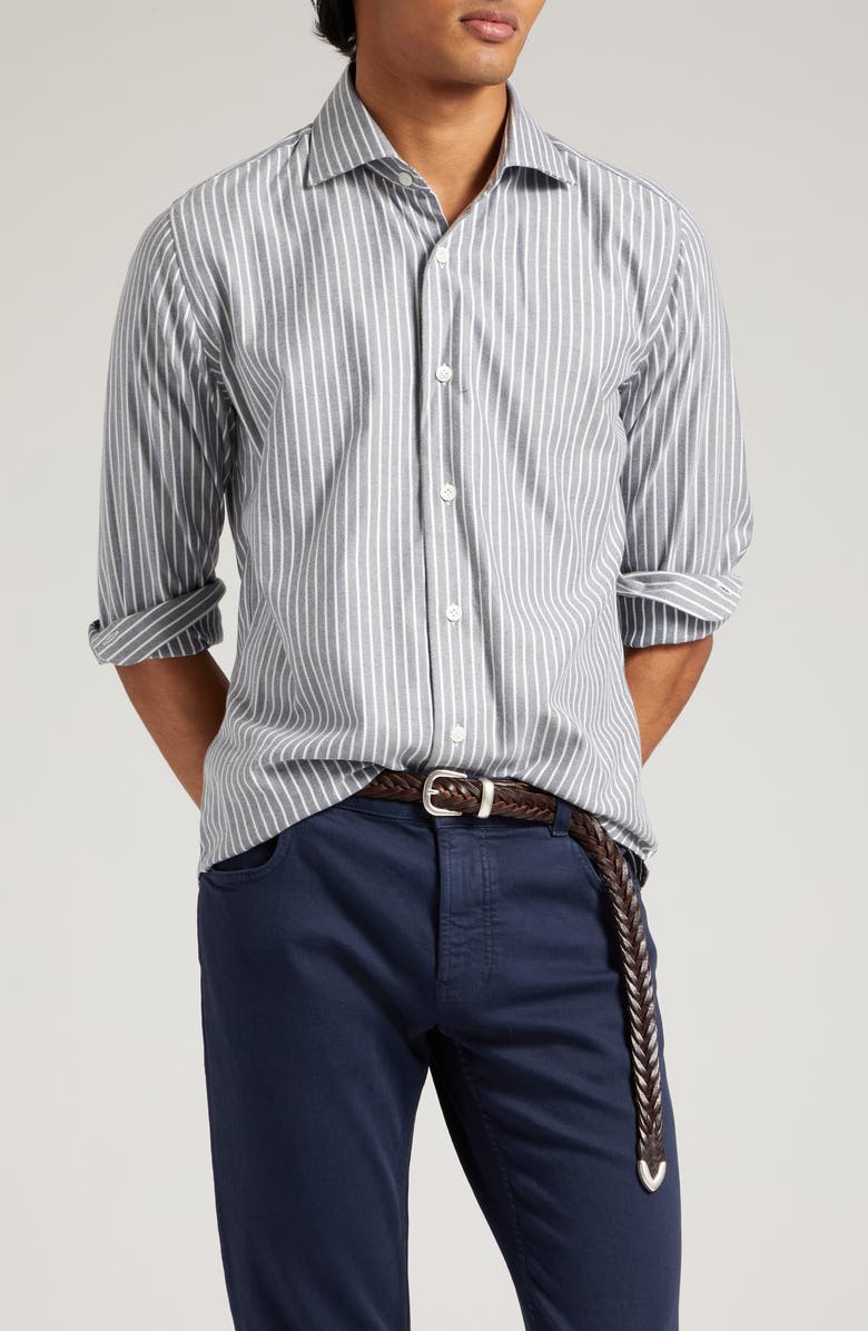 Eleventy Pinstripe Cotton Blend Button-Up Shirt, Main, color, 