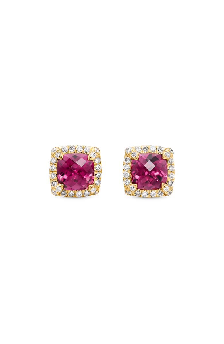 David Yurman Petite Chatelaine<sup>®</sup> Pavé Bezel Stud Earrings in 18k Gold, Main, color, Pink Tourmaline