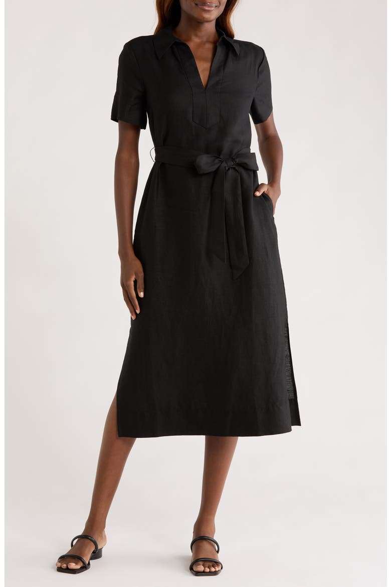 Costalina Linen Midi Dress, Main, color, BLACK