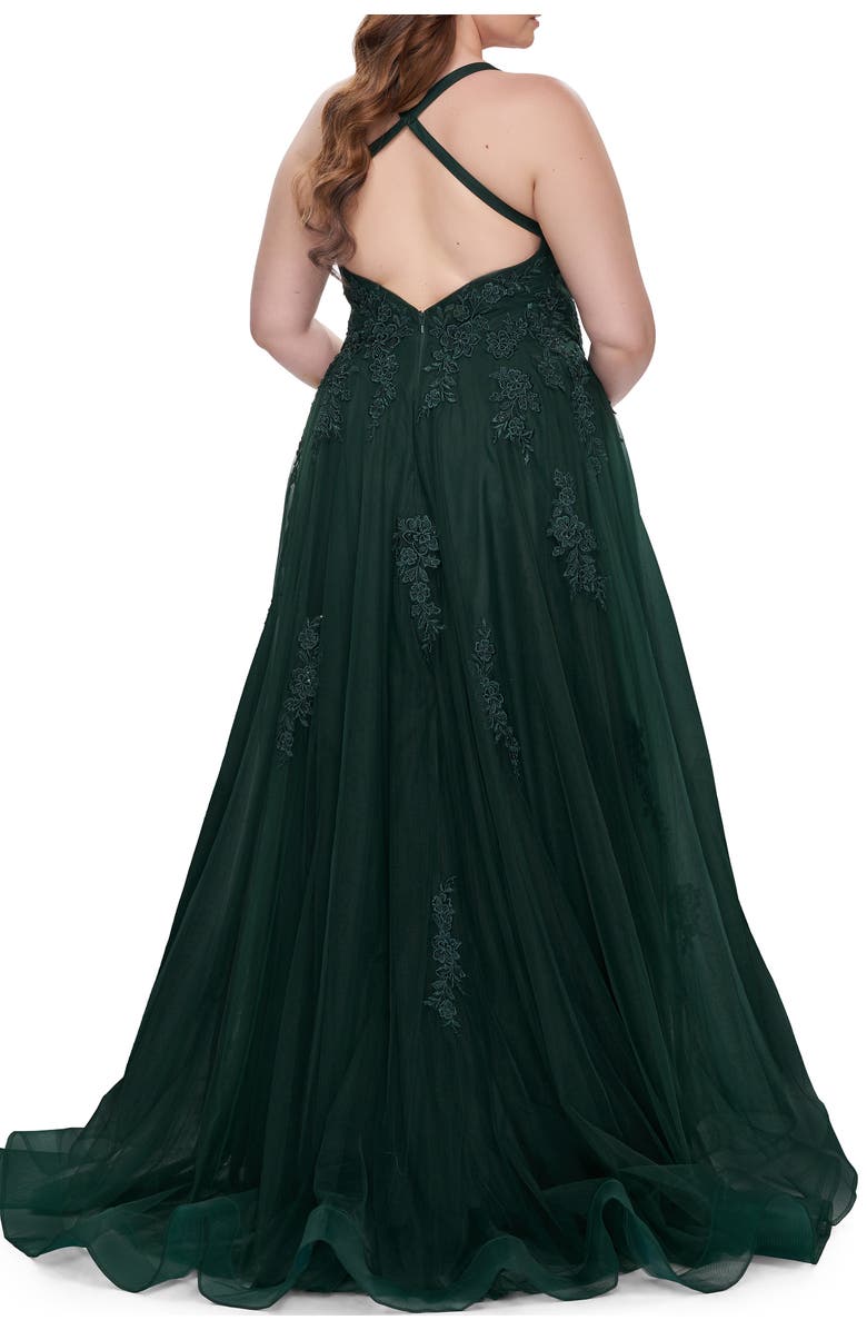 La Femme Plus Size A-line Tulle Dress with Floral Detailing, Alternate, color, Dark Emerald