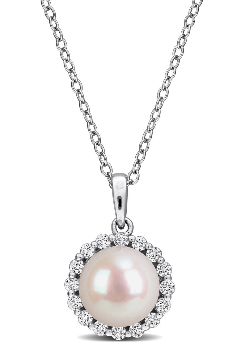 Sterling Silver Cultured White Pearl & Lab Grown White Sapphire Halo Pendant Necklace, Main, color, WHITE