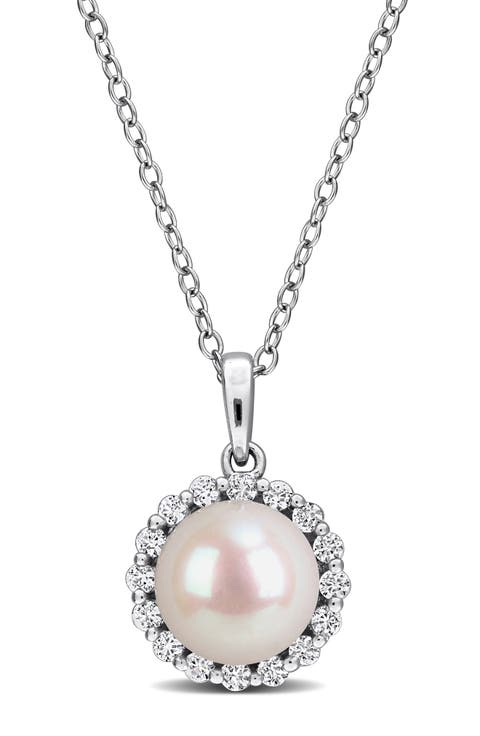 Sterling Silver Cultured White Pearl & Lab Grown White Sapphire Halo Pendant Necklace