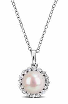 Sterling Silver Cultured White Pearl & Lab Grown White Sapphire Halo Pendant Necklace