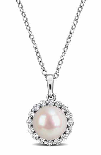 Sterling Silver Cultured White Pearl & Lab Grown White Sapphire Halo Pendant Necklace