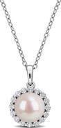 DELMAR Sterling Silver Cultured White Pearl & Lab Grown White Sapphire Halo Pendant Necklace