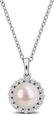 DELMAR Sterling Silver Cultured White Pearl & Lab Grown White Sapphire Halo Pendant Necklace