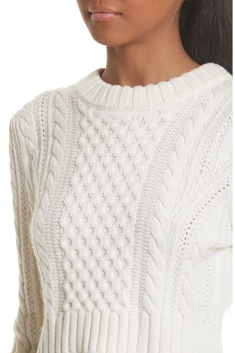 Cropped Aran Stitch Sweater, Alternate, color, WHITE