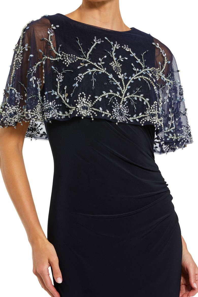 Fitted Jersey Embellished Cape Gown, Alternate, color, Midnight