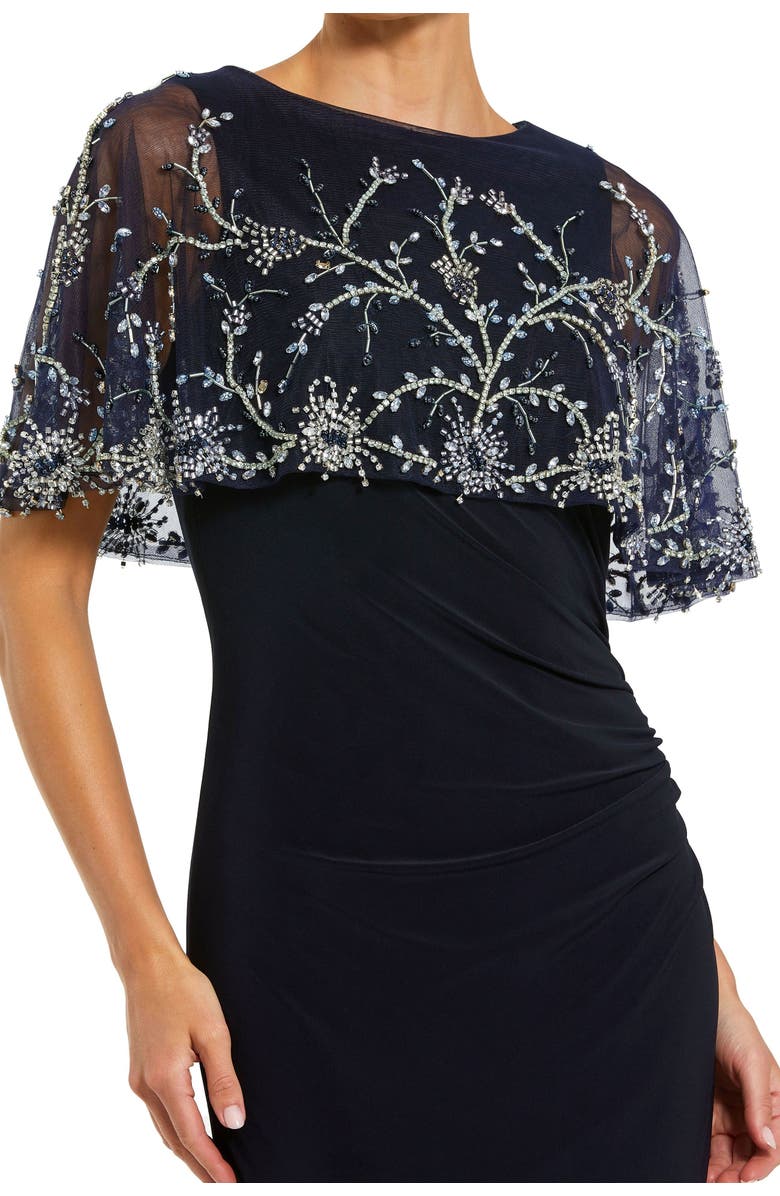 Mac Duggal Fitted Jersey Embellished Cape Gown, Alternate, color, Midnight