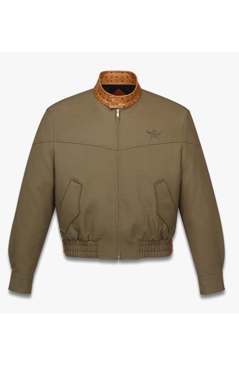 Jacket in Wool Twill and Monogram Print Leather