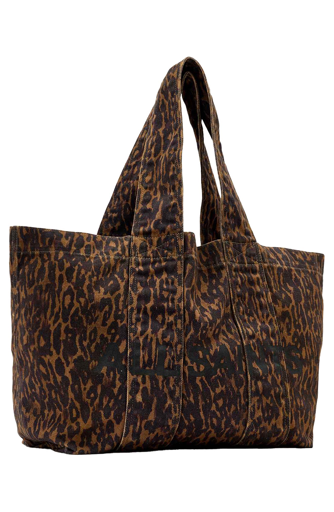 AllSaints Izzy Leopard Print Denim Tote, Alternate, color, Leopard Brown