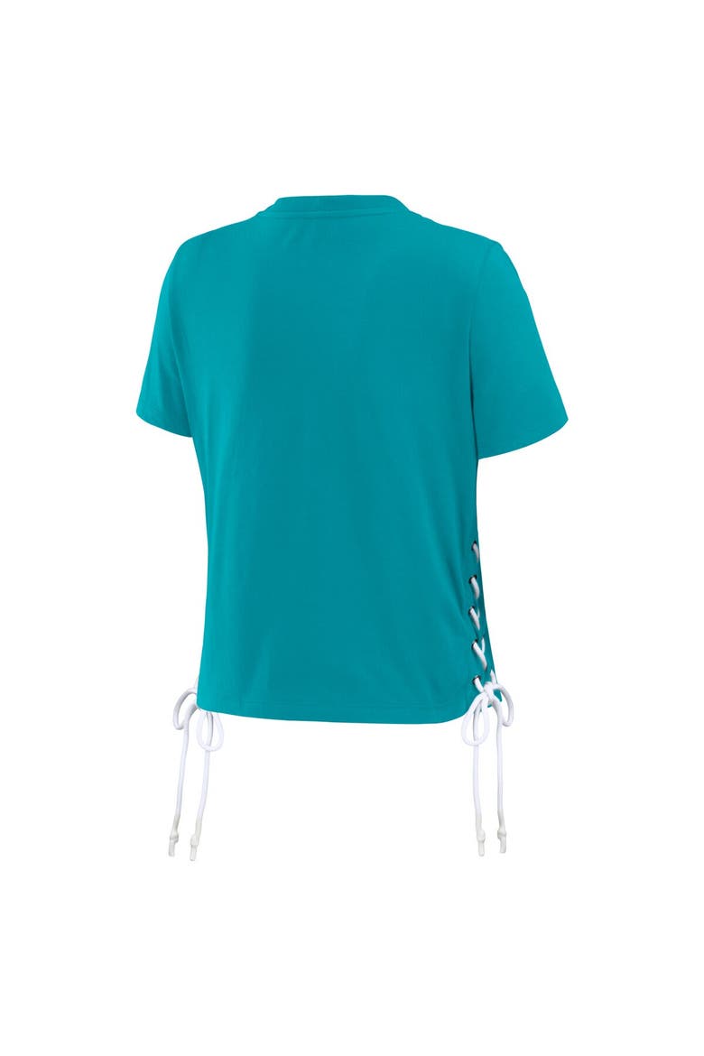 Women's WEAR by Erin Andrews Aqua Miami Dolphins Lace Up Side Modest Cropped T-Shirt, Alternate, color, Aqua