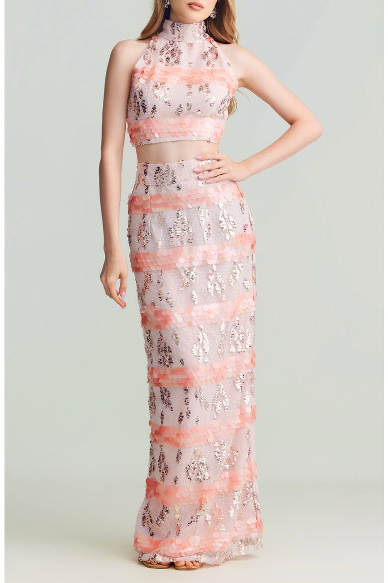Saana Sequin & Paillette Embellished Crop Top & Skirt Set, Alternate, color, PINK