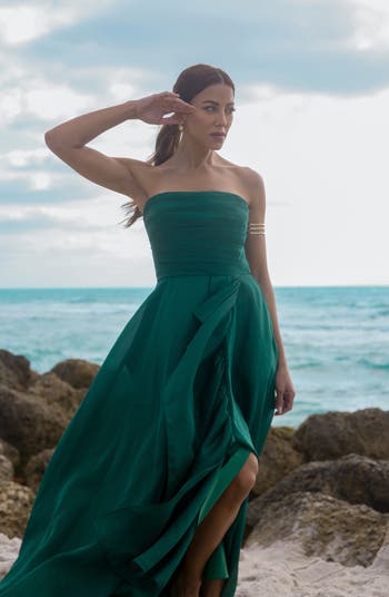 Strapless Ruffle Detail Metallic Organza Gown