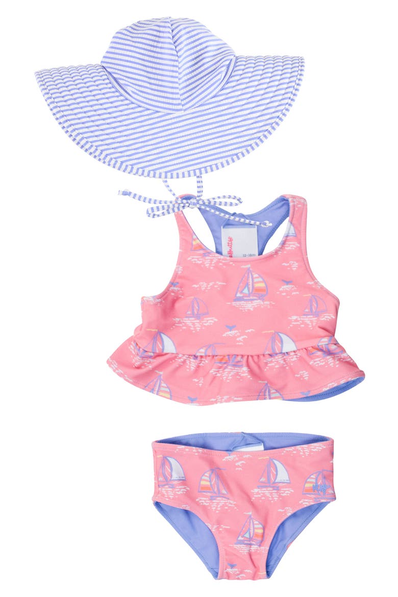 Pink Seas the Day Reversible Two-Piece Swimsuit with Sun Hat, Main, color, BLUE