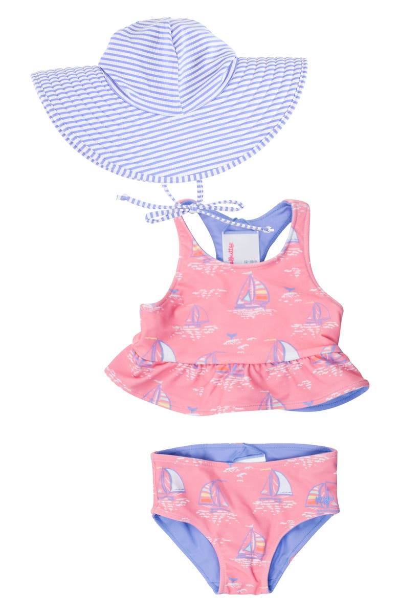 RuffleButts Pink Seas the Day Reversible Two-Piece Swimsuit with Sun Hat, Main, color, 