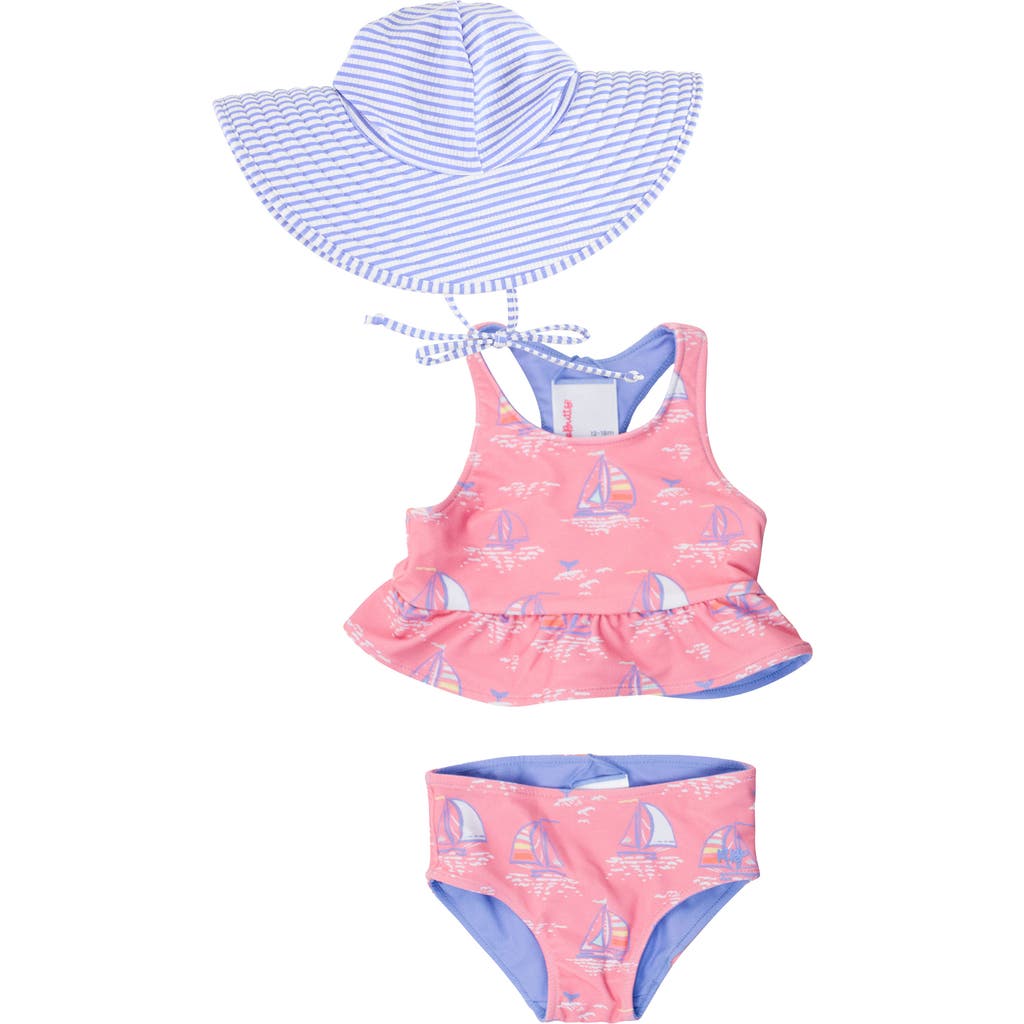 Rufflebutts Pink Seas The Day Reversible Two-piece Swimsuit With Sun Hat In Blue