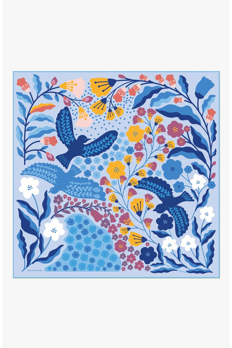 Double Sided Silk Scarf of Blue Birds, Main, color, Blue