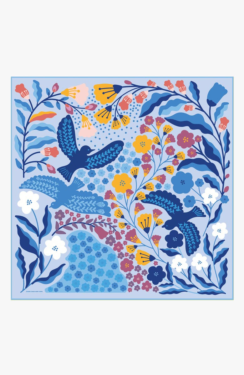 Jessie Zhao New York Double Sided Silk Scarf of Blue Birds, Main, color, Blue