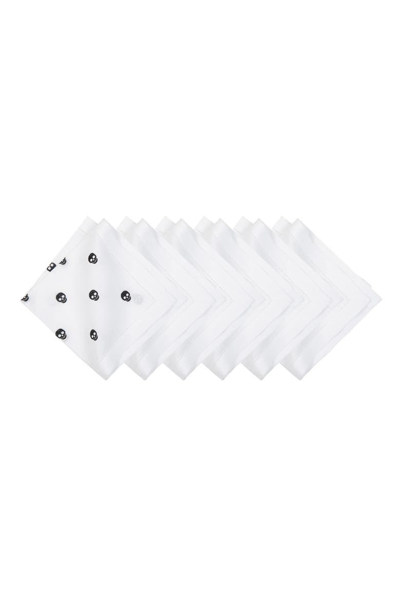 Black Skulls Halloween Embroidered Hemstitch Set of 6 Cloth Napkins, Main, color, White