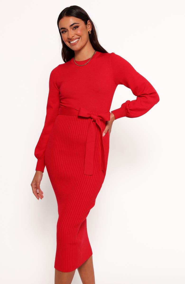Petal & Pup Helena Belted Long Sleeve Sweater Dress, Alternate, color, Red