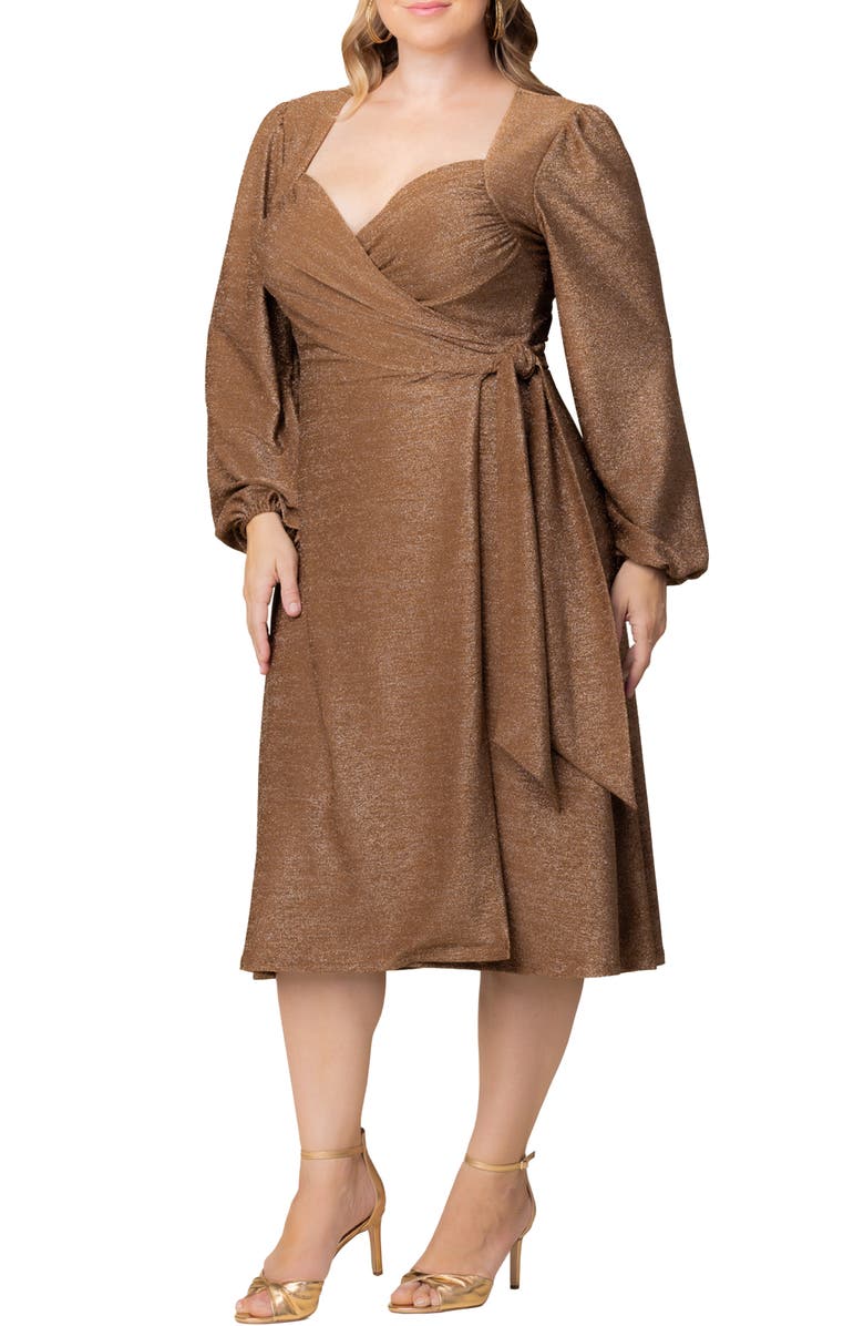 Kiyonna Soicialite Sweetheart Neck Wrap Dress, Alternate, color, Mocha Sparkle