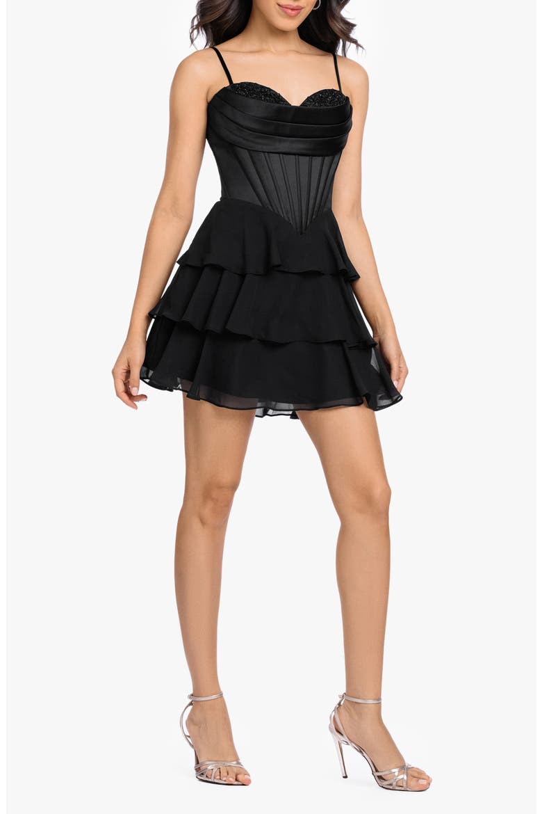 Corset Bodice Tiered Cocktail Minidress, Alternate, color, BLACK